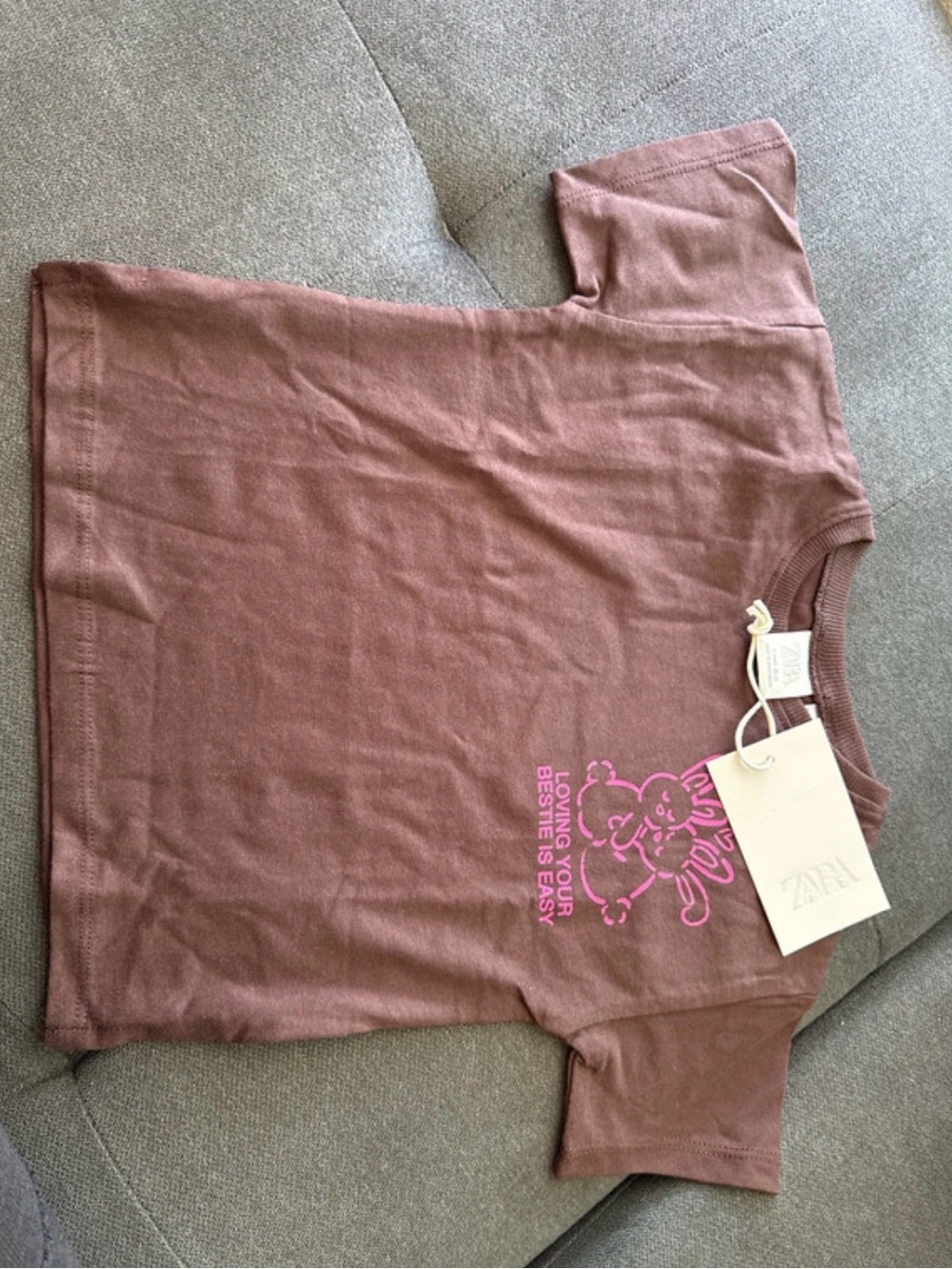 Zara Kids Mauve Tee with Pink Bear Graphic